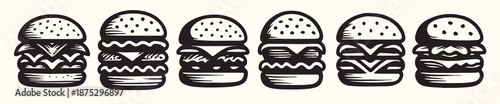 Six Black and White Hand Drawn Triple Decker Burgers Illustration Food Menu Design