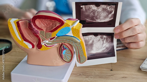Tableau sur toile Ultrasound of male genital organs and doctor examines result