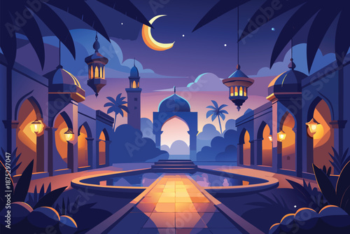 Evening Oasis Palace Courtyard Lanterns Under Moonlight With Crescent Sky and Water Fountain
