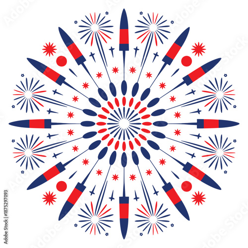 Vibrant red and blue rockets exploding in a festive circular firework pattern
