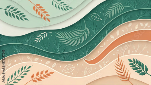 Abstract paper cut background with green and orange flowing waves and leaves.