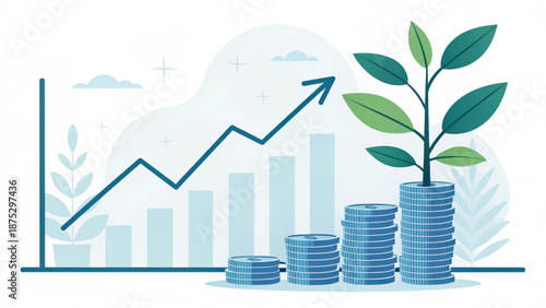 Financial growth and sustainable investment concept represented by rising bar charts and plants.