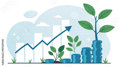 Stacks of coins with growing green sprouts symbolizing long-term wealth accumulation and profit.