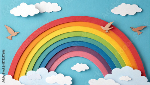 Colorful layered paper art rainbow with white clouds and wooden bird silhouettes.
