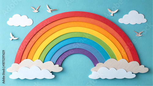 Handcrafted 3D paper rainbow illustration with peaceful white bird silhouettes.
