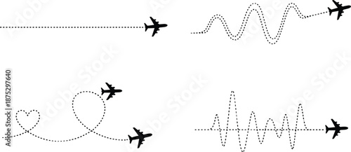 Airplane silhouette with dotted flight paths, aviation travel icons, romantic and dynamic air route symbols, black aircraft design flat vector