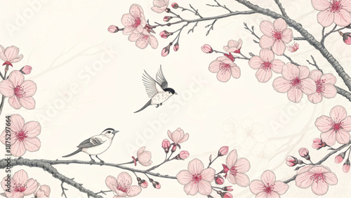 Japanese inspired botanical drawing of spring flowers and flying birds.