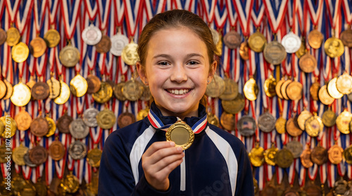 Portrait of young sport girl winner holding gold medal against awards background