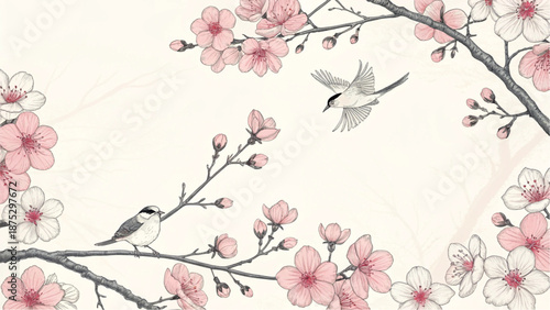 Romantic floral illustration with birds and blossoming spring tree branches.