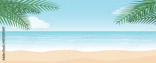 Summer holiday and Sea beach with palm tree leaves background