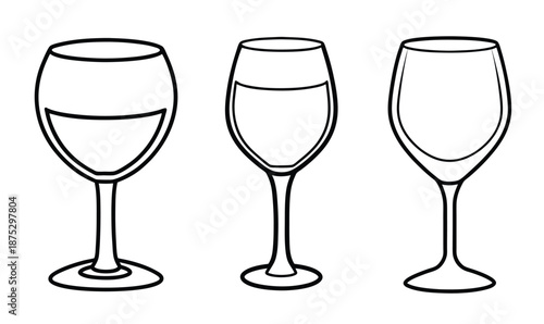 Three Wine Glasses Line Art Black White Illustration