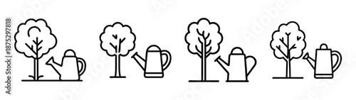Illustration of trees and watering cans for gardening landscaping and nature themed designs and art