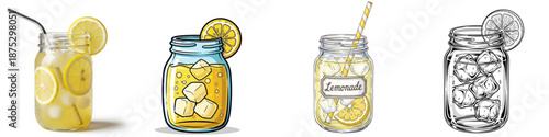 Lemonade Set: Watercolor & Line Art. Summer Drink Illustrations, Refreshment, Lemon, Mason Jar