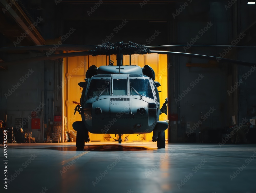 Fototapeta premium Military helicopter standing ready inside hangar with bright light emerging from open door, symbolizing readiness for mission, defense, and power