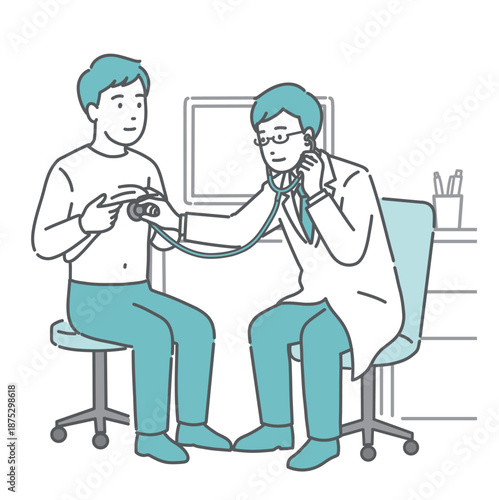 聴診器で胸の音を聞く男性医師（白衣・男性患者）