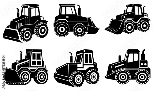 Six Black Construction Tractors with Buckets on White Background machinery