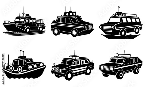 Six Black and White Amphibious Vehicle Silhouettes on White Background six vehicles