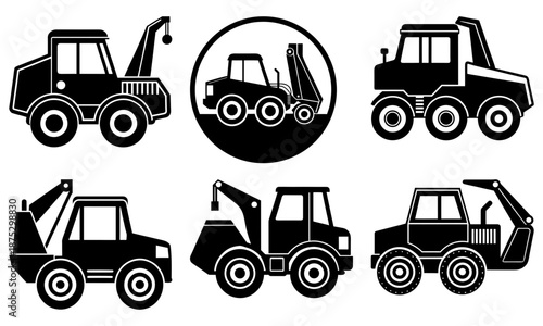 Set of black and white construction vehicle silhouettes on transparent background construction vehicles