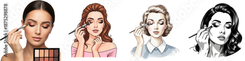 Makeup Evolution: Realistic, Watercolor, Retro, Line Art. Woman Applying Eyeshadow - Beauty & Style