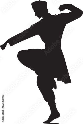 Dynamic silhouette of a male figure in traditional attire, possibly Turkmen, performing a vigorous dance or martial arts pose.