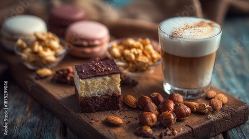 Cozy Coffee Break with Dessert Selection on Rustic Wooden Serving Board