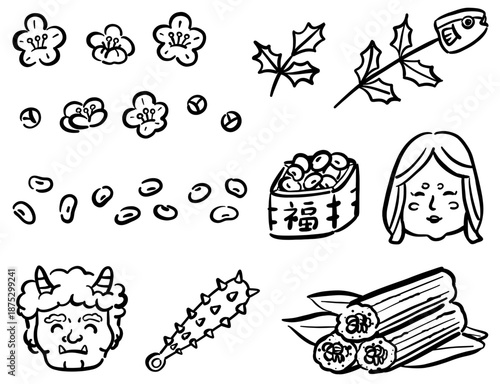 節分のイラストセット　線画