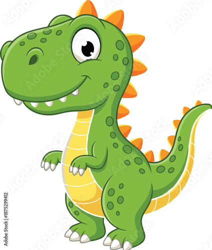 Cute Green Cartoon Dinosaur Tyrannosaurus Rex Character with Orange Spikes Standing and Smiling Isolated on White Background for Kids Design and Vector Projects