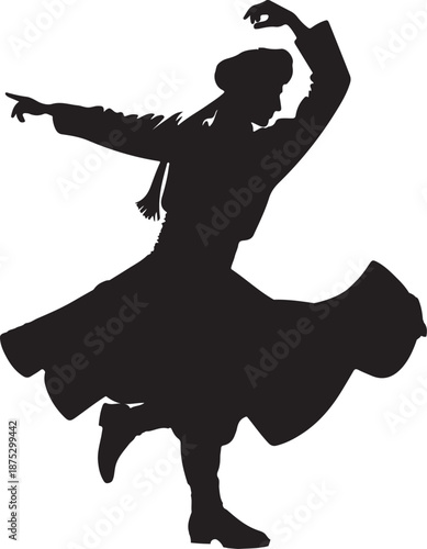 Silhouette of a male dancer in flowing traditional attire, performing a dynamic whirl, possibly a Dervish dance.