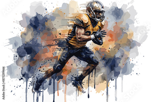 Dynamic American football player running with ball in watercolor splash art style, athletic sportsman in gold and black uniform for sports poster design