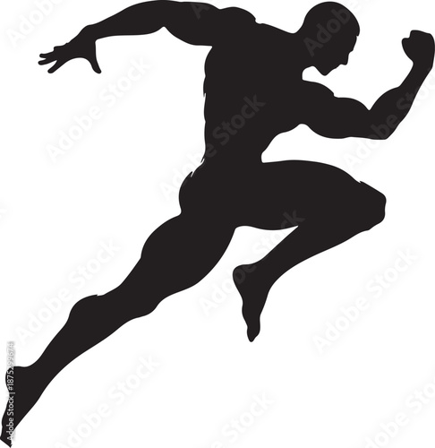 Dynamic black silhouette of a muscular male athlete sprinting, showcasing strength and speed in a powerful running pose.