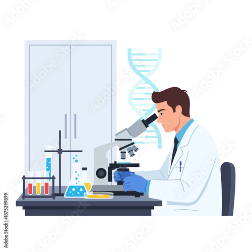 Scientist examining specimen under microscope in laboratory with DNA helix