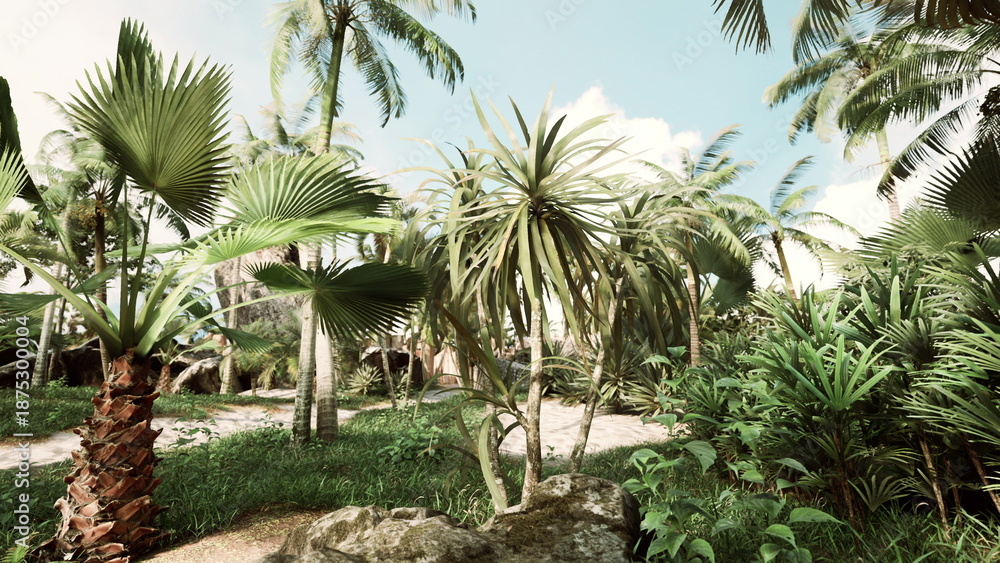 Fototapeta premium Vibrant plants and palm trees create a tranquil scene in a tropical setting. Sunlight filters through leaves, casting playful shadows on the ground, inviting peace and exploration.