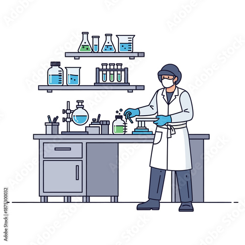 Scientist in Lab Coat Conducting Experiment with Glassware and Equipment