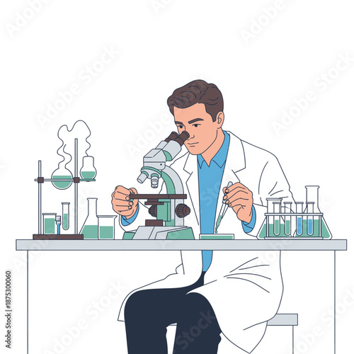 Scientist Using Microscope in Laboratory, Conducting Research with Flasks and Test Tubes