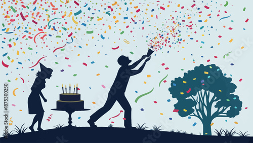 Couple celebrating birthday with cake and confetti outdoors