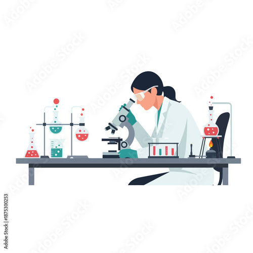 Scientist using microscope in laboratory with chemical equipment, research and discovery
