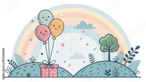 Colorful balloons and gift under a vibrant rainbow in a whimsical landscape