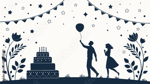 Couple celebrating birthday with cake and balloon in festive scene