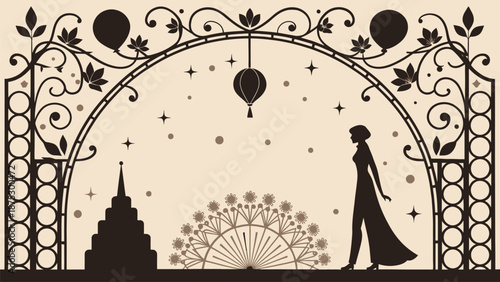 Elegant woman in a whimsical garden with a temple and hot air balloon
