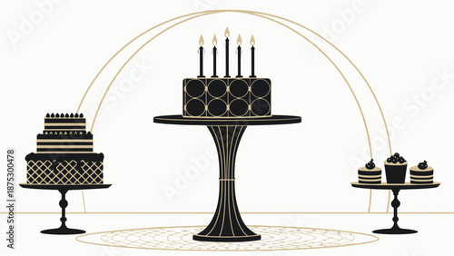 Elegant black and gold cakes on decorative stands for luxury celebration