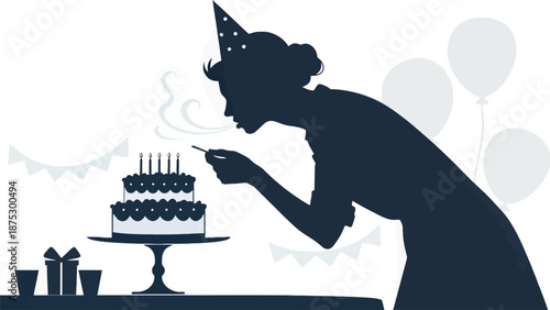 Woman blowing out candles on birthday cake with balloons