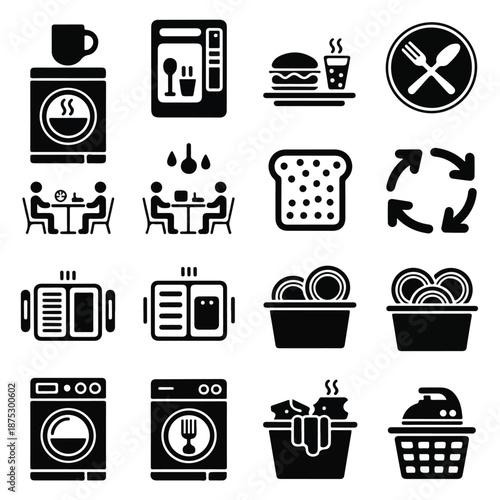 Cafeteria & Laundry Service Icon Set – Solid Black Glyph Symbols