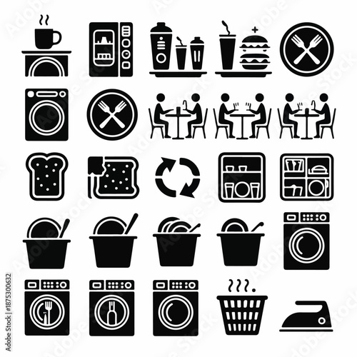 Cafeteria & Laundry Service Icon Set – Solid Black Glyph Symbols
