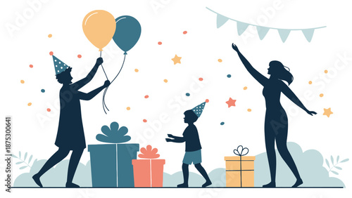 Happy family celebrating birthday together with gifts and balloons