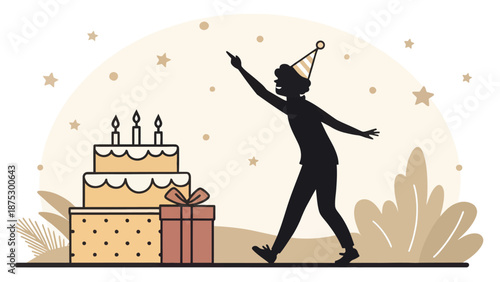 Happy person celebrating birthday with cake and gifts