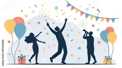 People celebrating with balloons and confetti in festive scene