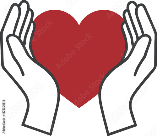 Hands holding red heart symbol of care, compassion and love, flat vector illustration, 