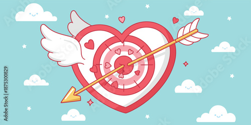 Heart target with arrow, love symbol, romantic bullseye, cupid aim, valentine theme, dreamy sky, flat vector illustration