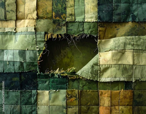 Textured artwork of a patchwork of fabric squares in varying shades of green, with a large, irregular hole in the center