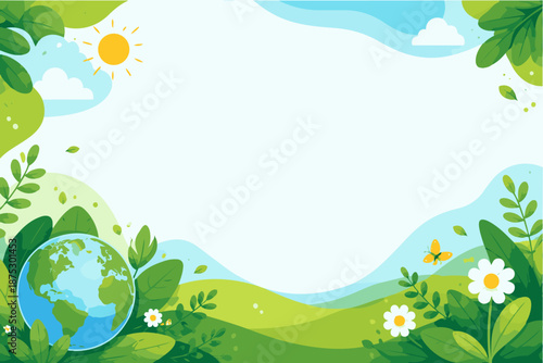 Eco-friendly nature background with Earth, hills, and flowers